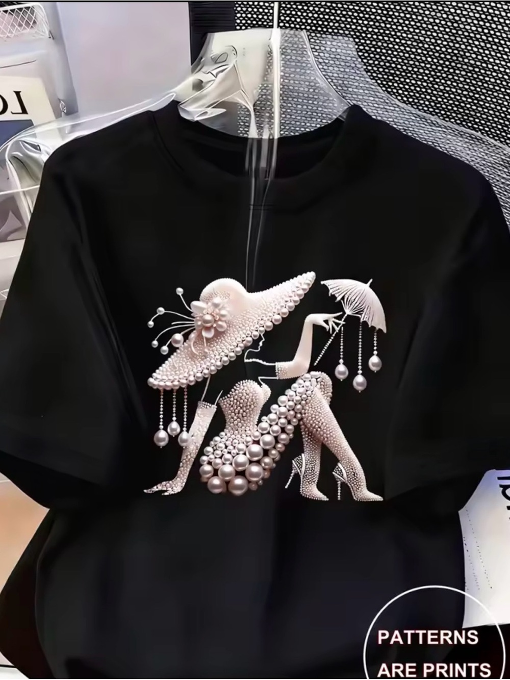 Black Pearl-Embellished Fashion Graphic Tee